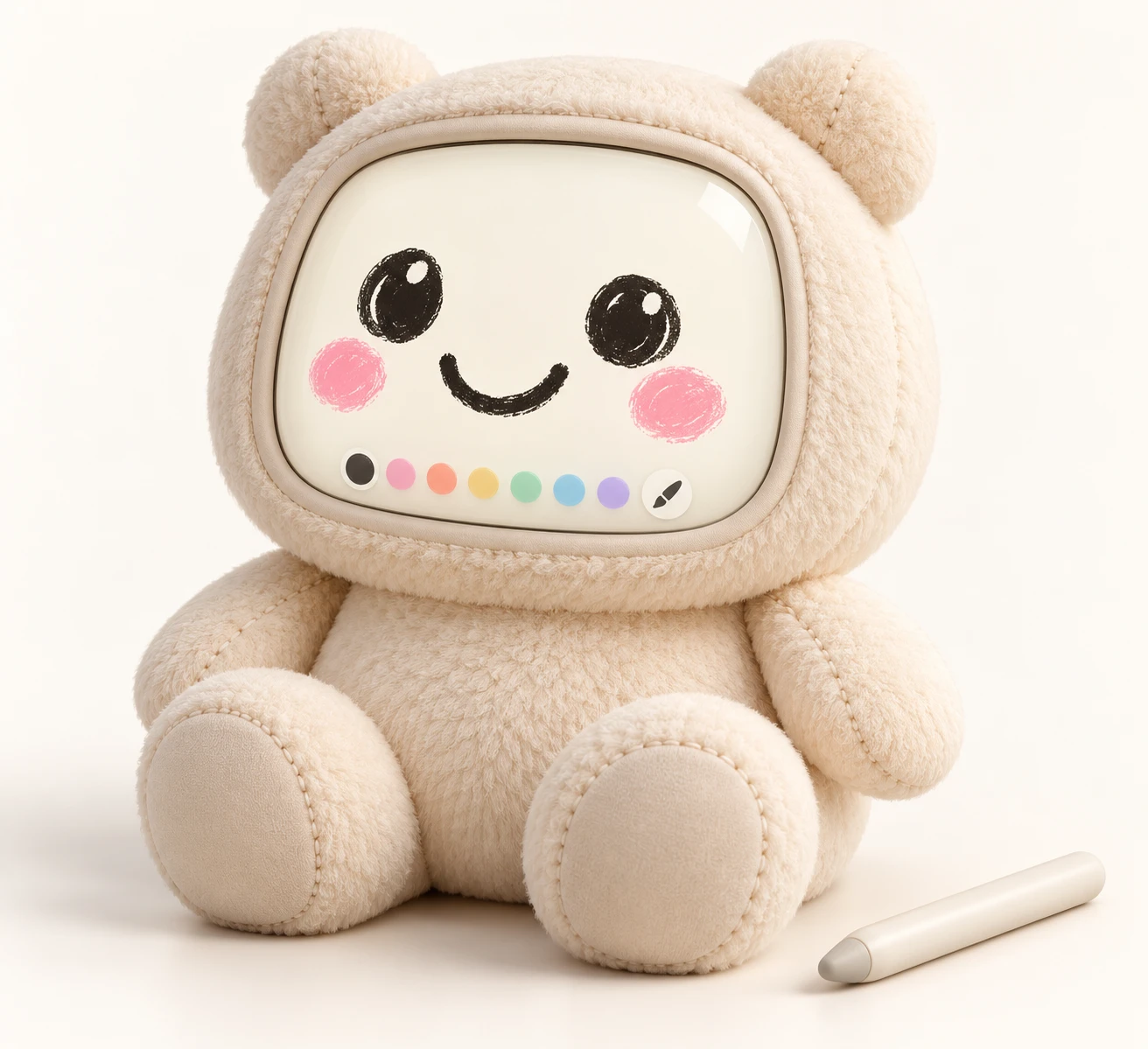 Concept render of a cream teddy-bear plush with a glossy screen face showing a smiling drawn face and a row of colour dots