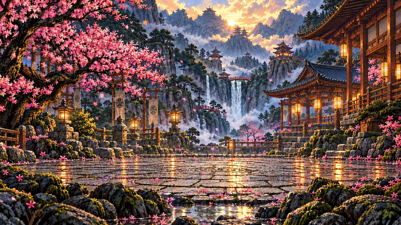 Pixel-art shrine courtyard with a waterfall and cherry trees, the battle background.
