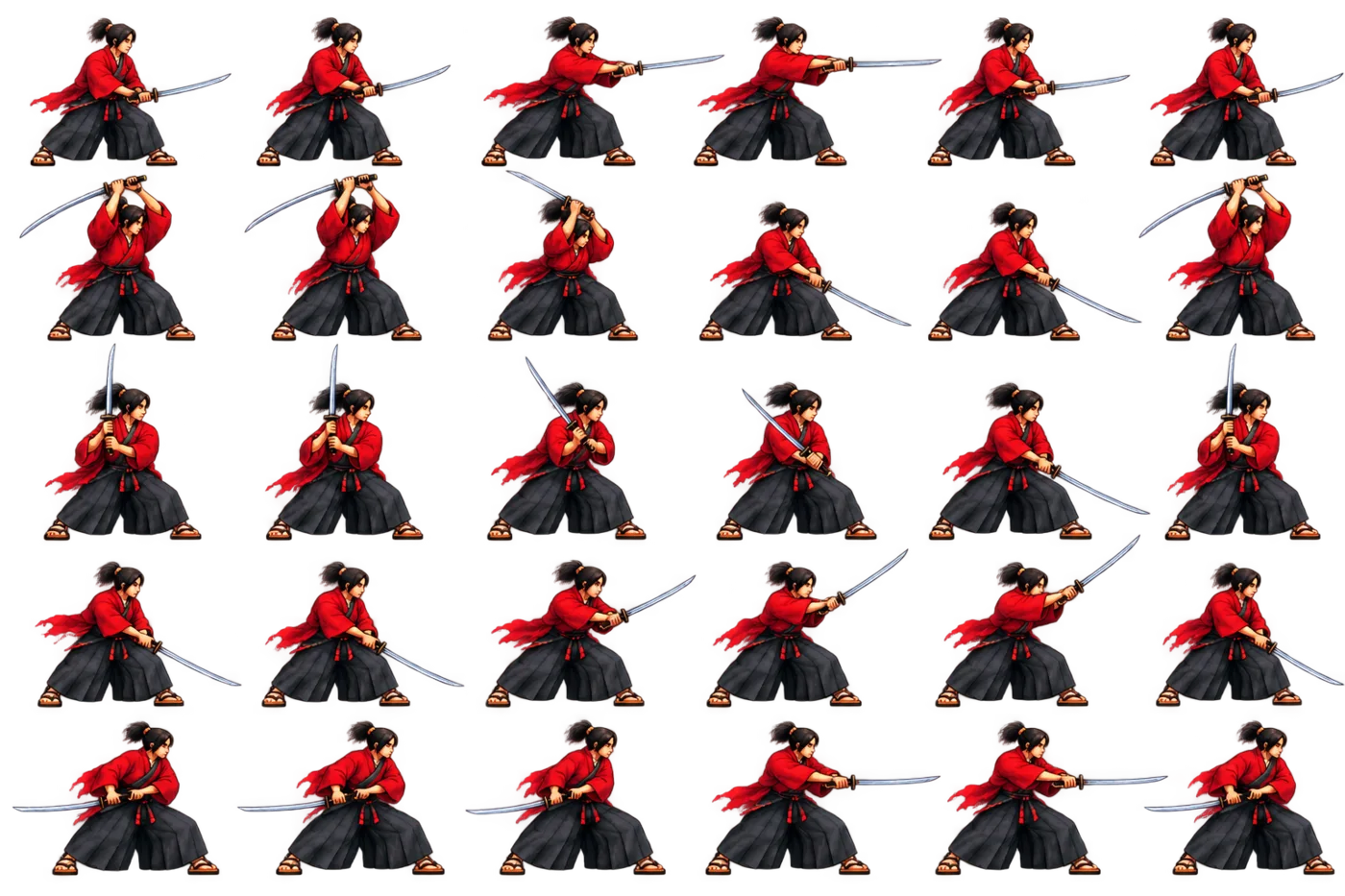 Sprite sheet of a red-robed swordsman in thirty strike and guard poses.
