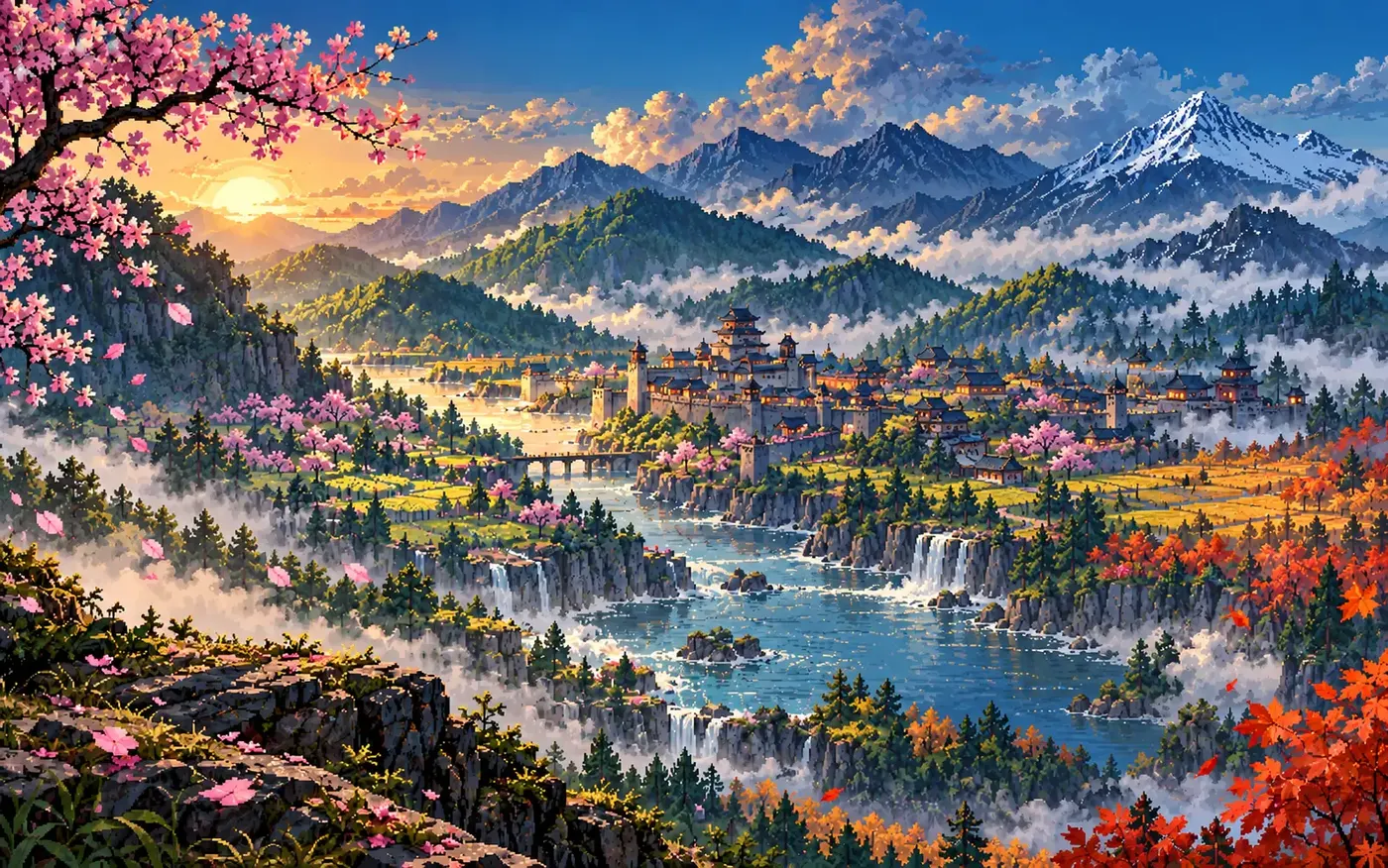 Pixel-art valley with a waterfall, cherry blossom and mountains: the title-screen background of the game.