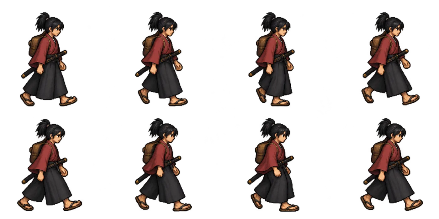 Eight-frame walk cycle of a young swordsman with a pack, seen from the side.