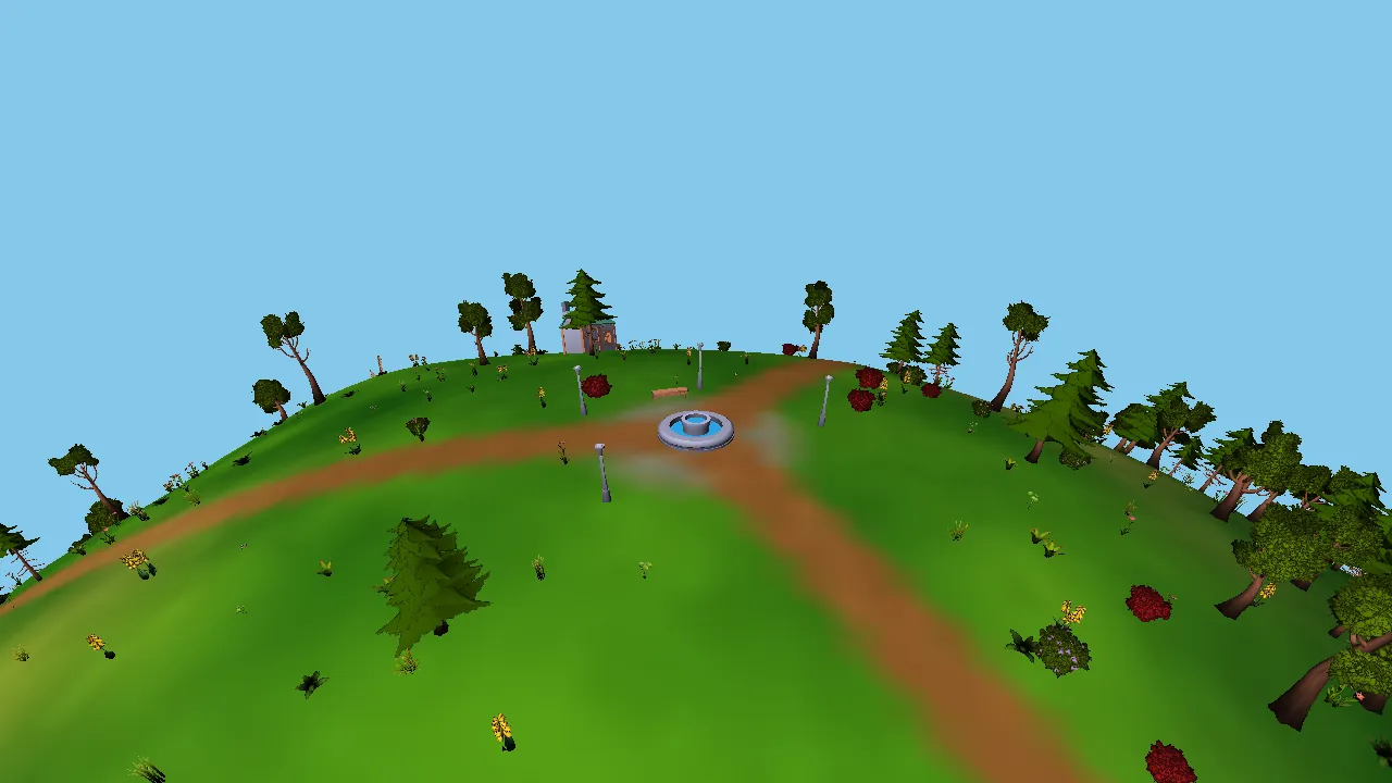 The curved horizon of the planet with a path and a fountain