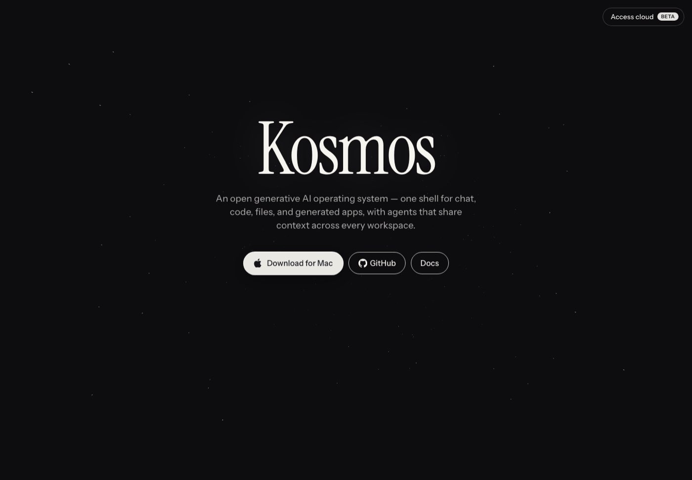 Archived screenshot of the public kosmos.computer splash: a dark page with the word Kosmos, one sentence and three buttons.