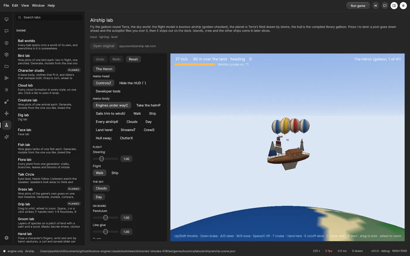 The Airship lab: a wooden galleon hung under four striped balloons flying over the curved horizon of a planet, with a flight readout at the top.