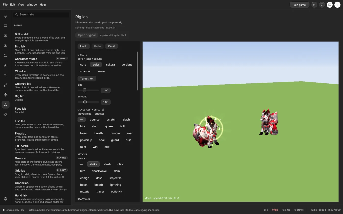 The Rig lab in the editor: a panel of effect looks and moves on the left, and two small fox characters on a green plain, the nearer one inside a glowing ring with sparks.