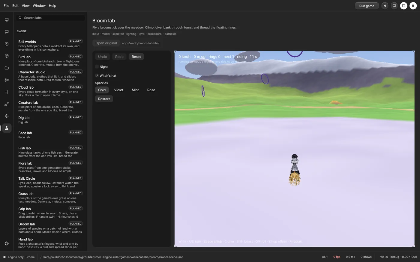 The Broom lab in the editor: a small character on a broom over a flat lilac meadow with hills and floating rings in the distance.