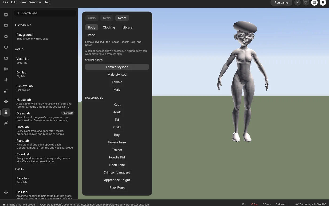The Character studio in the engine editor: a panel with Body, Clothing, Library and Pose tabs and a list of body bases, beside a grey stylised woman wearing a beret on a green ground.