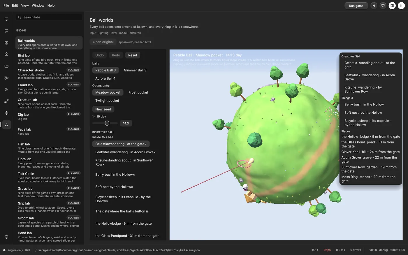 The engine editor showing the Ball worlds lab: a list of labs on the left, controls beside it, and a small green round planet with trees and a path in the viewport.