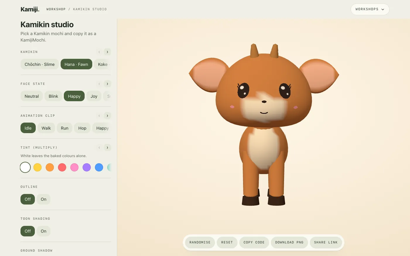 The Kamikin studio on this site: a list of options on the left, and a brown fawn mochi character with large ears on a cream background.