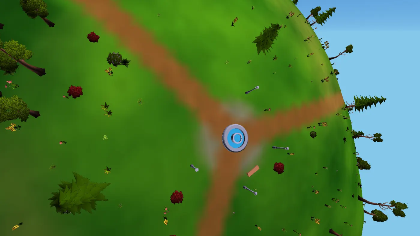 The Kamikin planet seen from above: a green round world with a brown path and a blue marker.