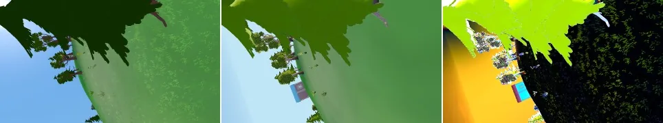 Three crops of the same Kamikin pond pose side by side: Godot on the left, Kosmos in the middle, and on the right a dark difference image with bright patches where they disagree.