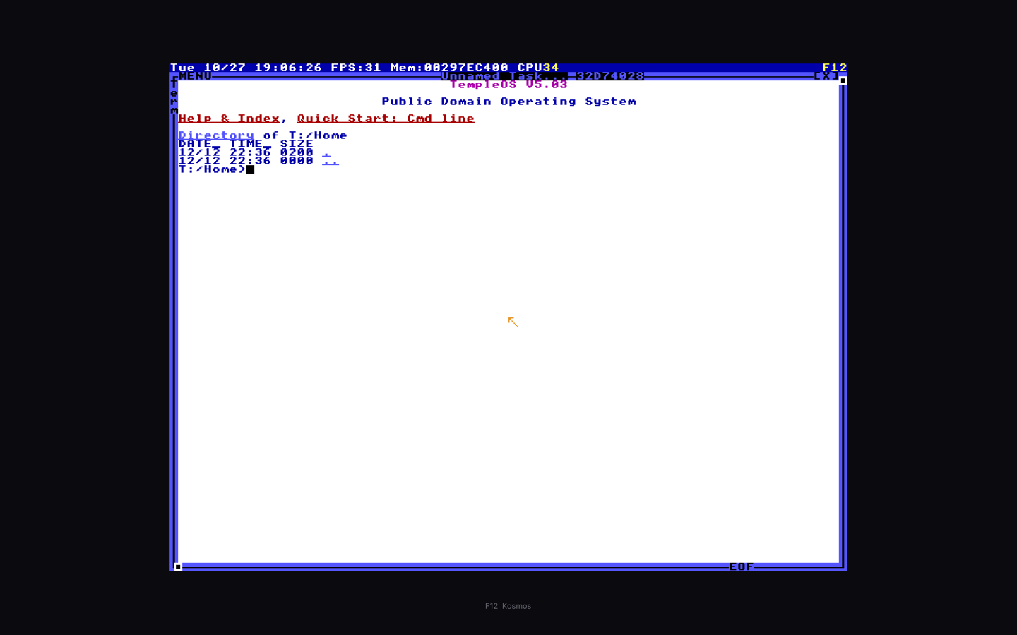 The original TempleOS screen: blue frame, white page, command prompt