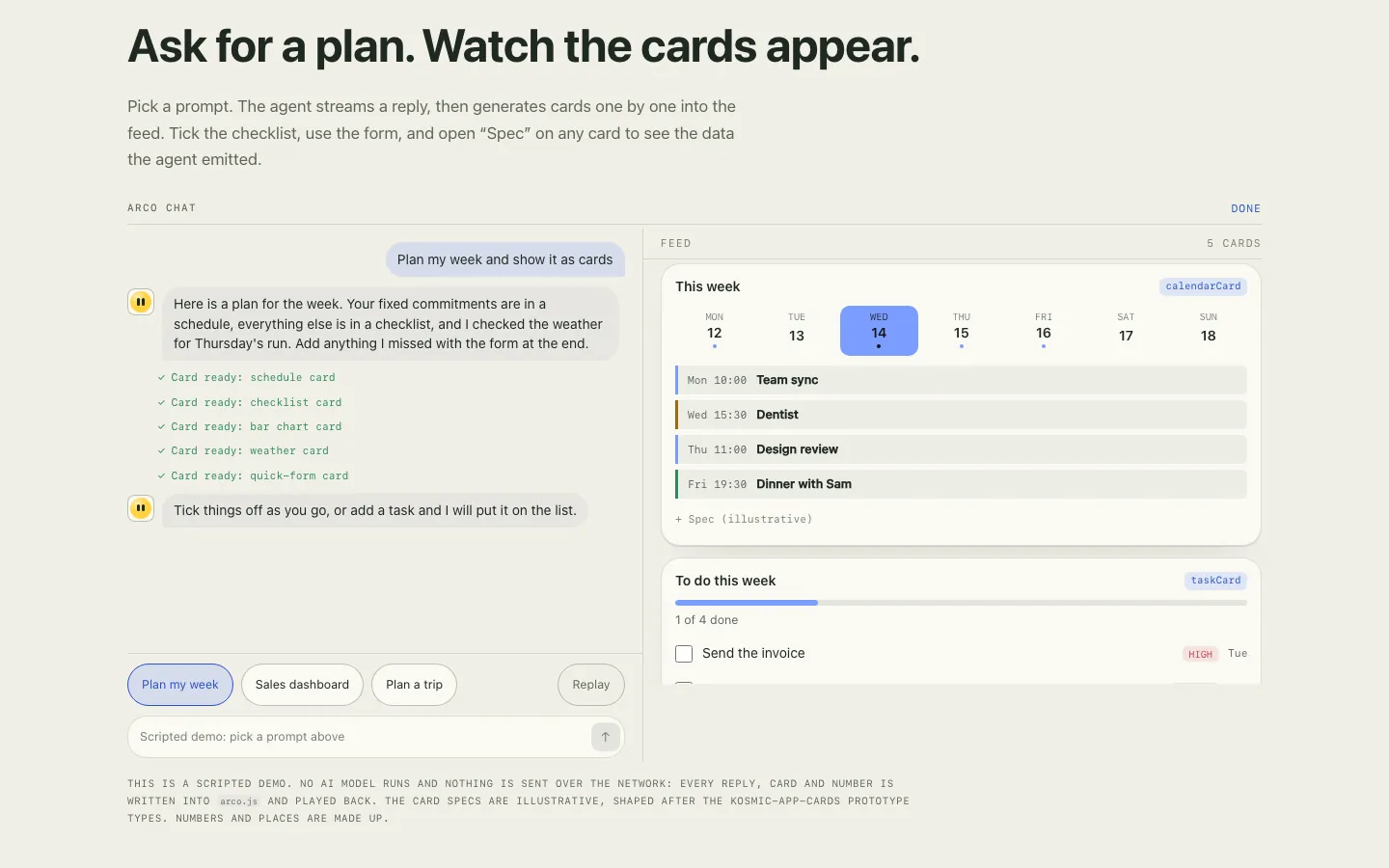 The scripted demo: a plan arrives as a checklist, a calendar and more cards