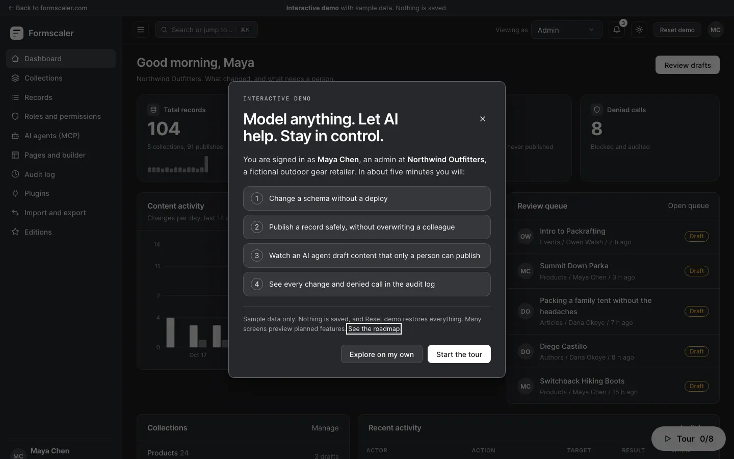 The interactive demo: a dashboard with an AI assistant proposing a change