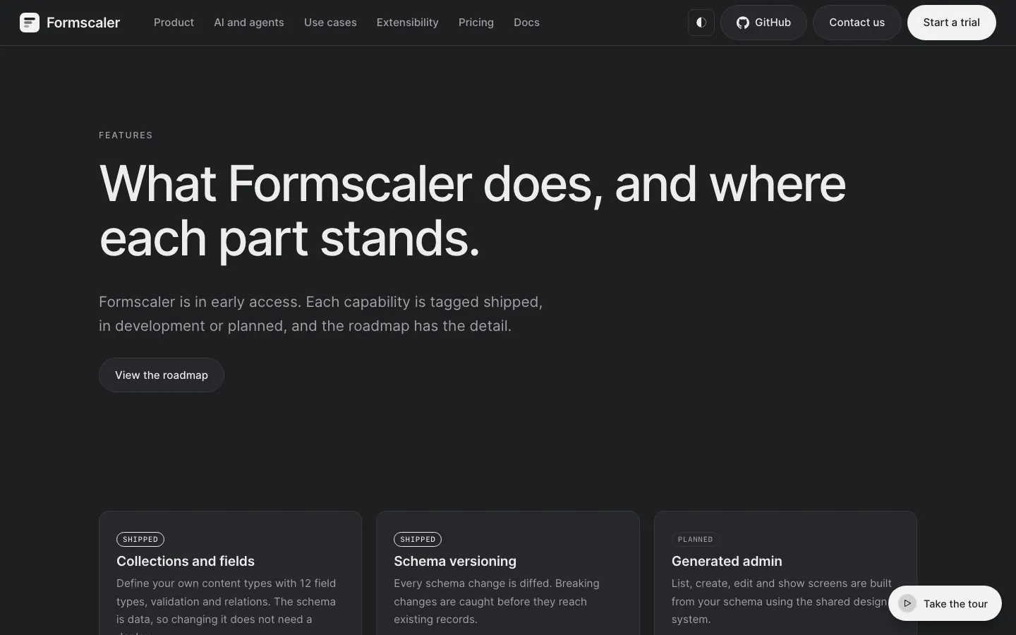 The features page, with each capability tagged shipped or planned
