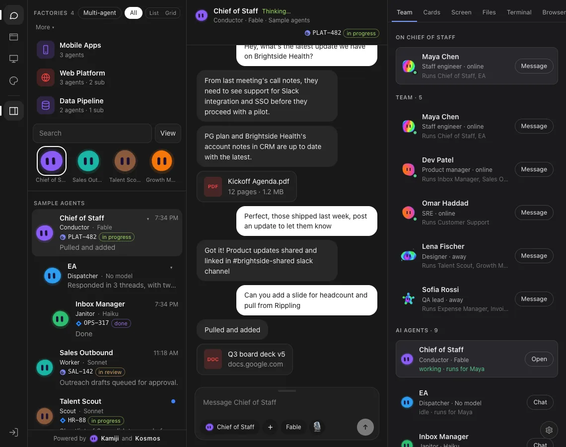 Agents on the left, a chat in the middle and the Team tab on the right