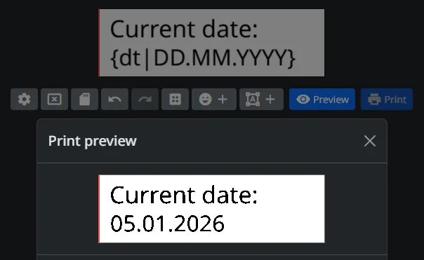 Date templates in label text